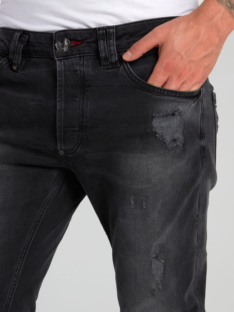 Black Wash Distressed Denim Jeans