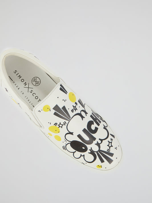 White Doodle Print Platform Sneakers