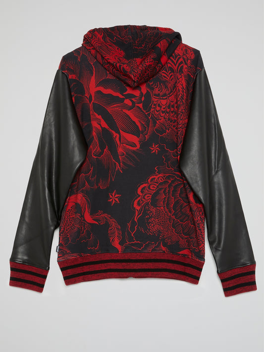 Floral Leather Sleeve Hooded Sweatshirt