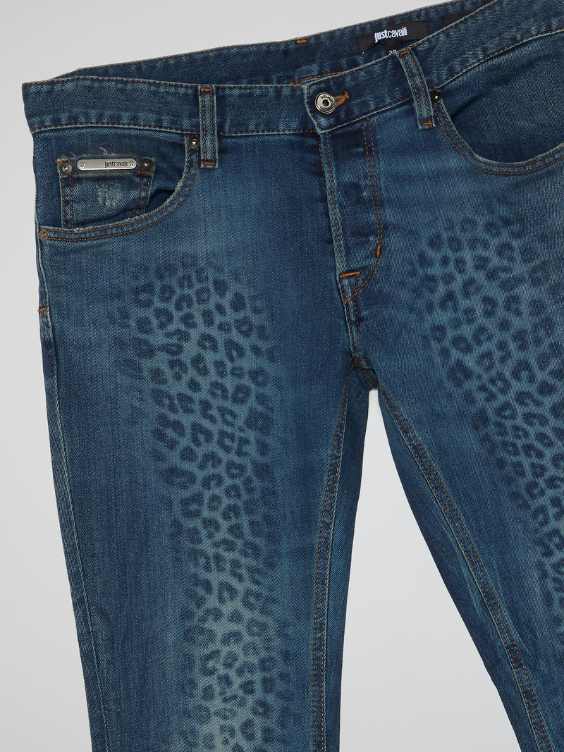 Navy Leopard Print Denim Jeans