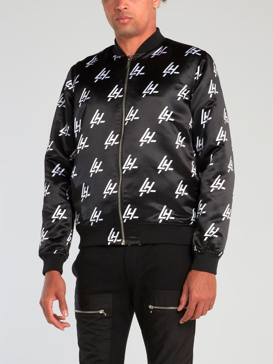 Black Monogram Print Bomber Jacket