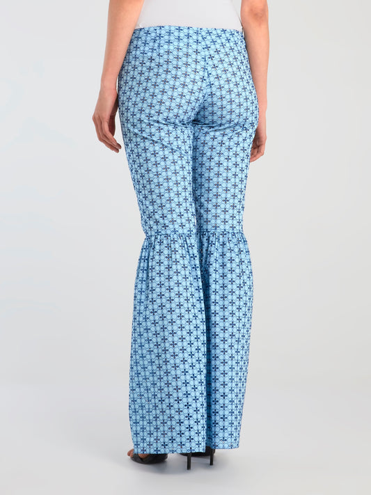Blue Embroidered Flared Trousers