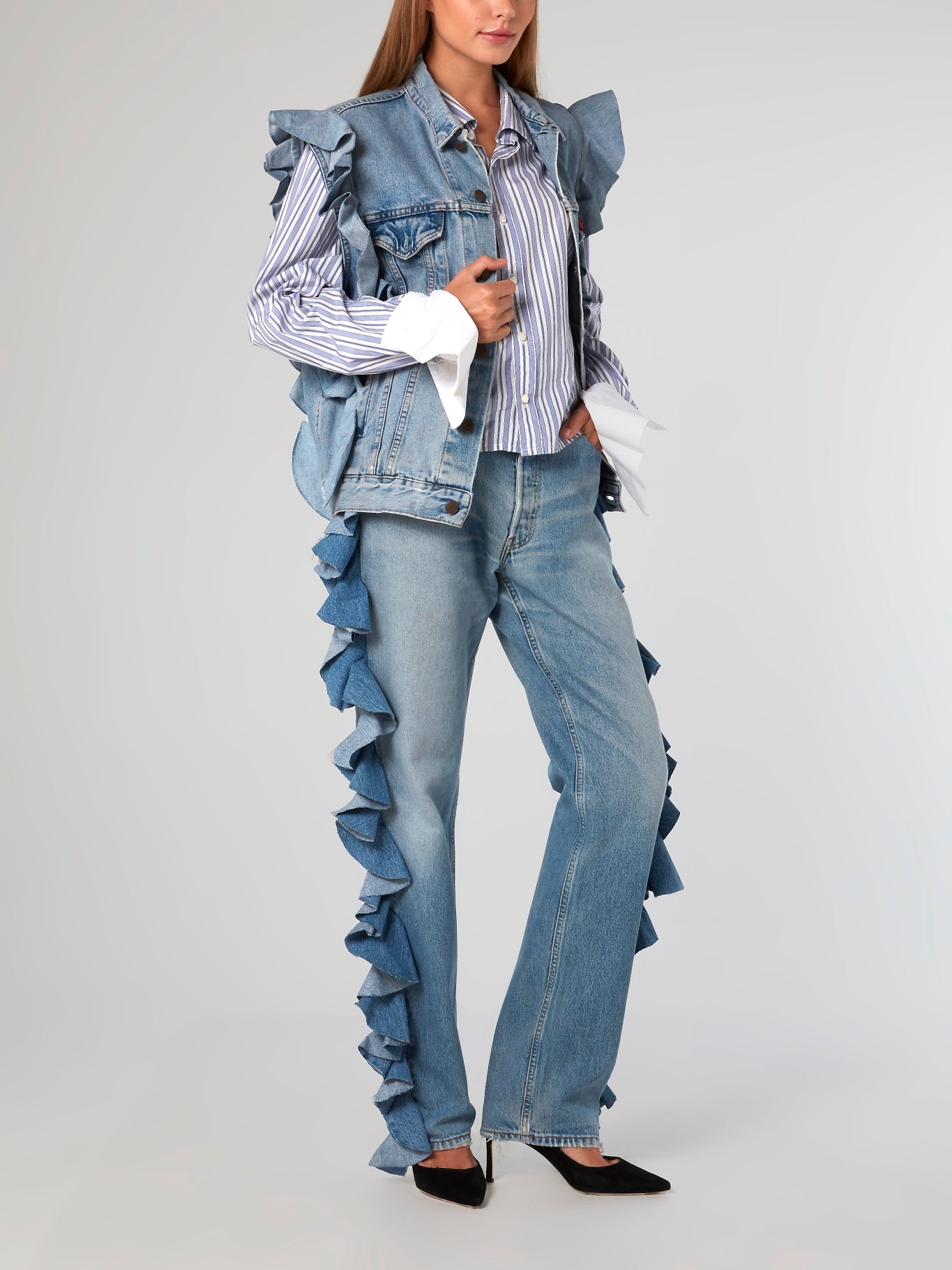 Bella | Denim flare jeans, Denim flares, Ruffle shirt