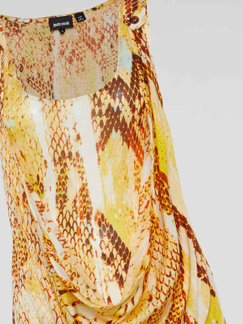 Yellow Reptile Print Cowl Mini Dress
