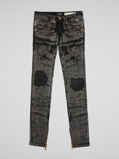 Grey Zip-Detail Distressed Pants