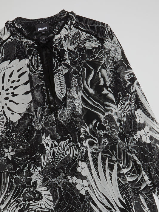 Black Tropical Print Drop Waist Dress