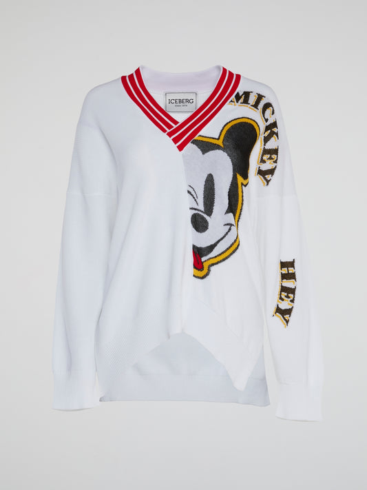 Mickey Mouse White V-Neck Knitted Top