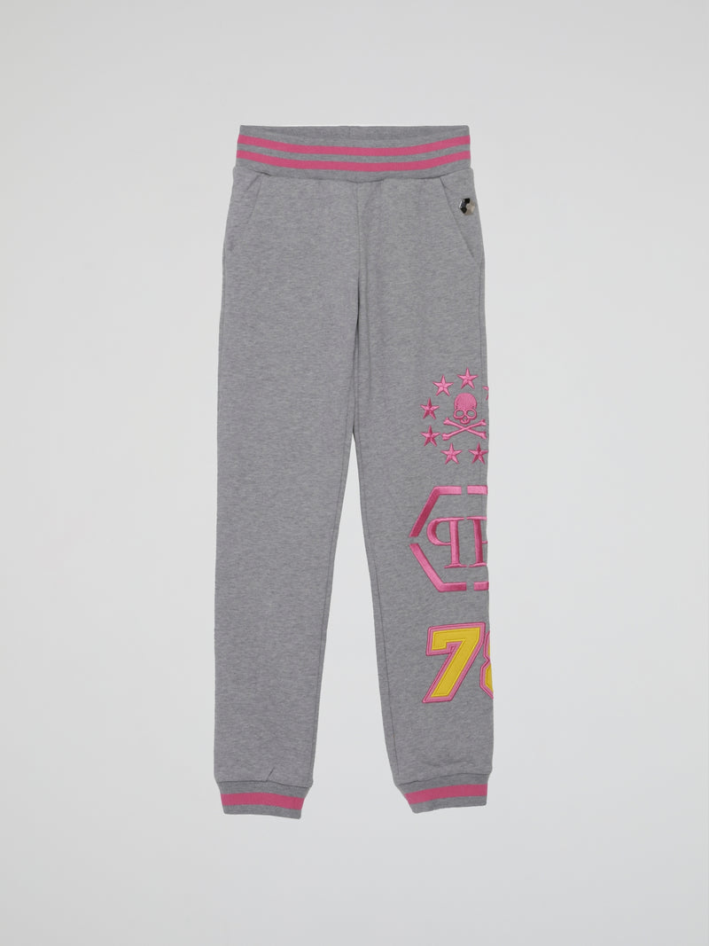 Grey With Pink Logo Design Jogging Trousers (Kids)